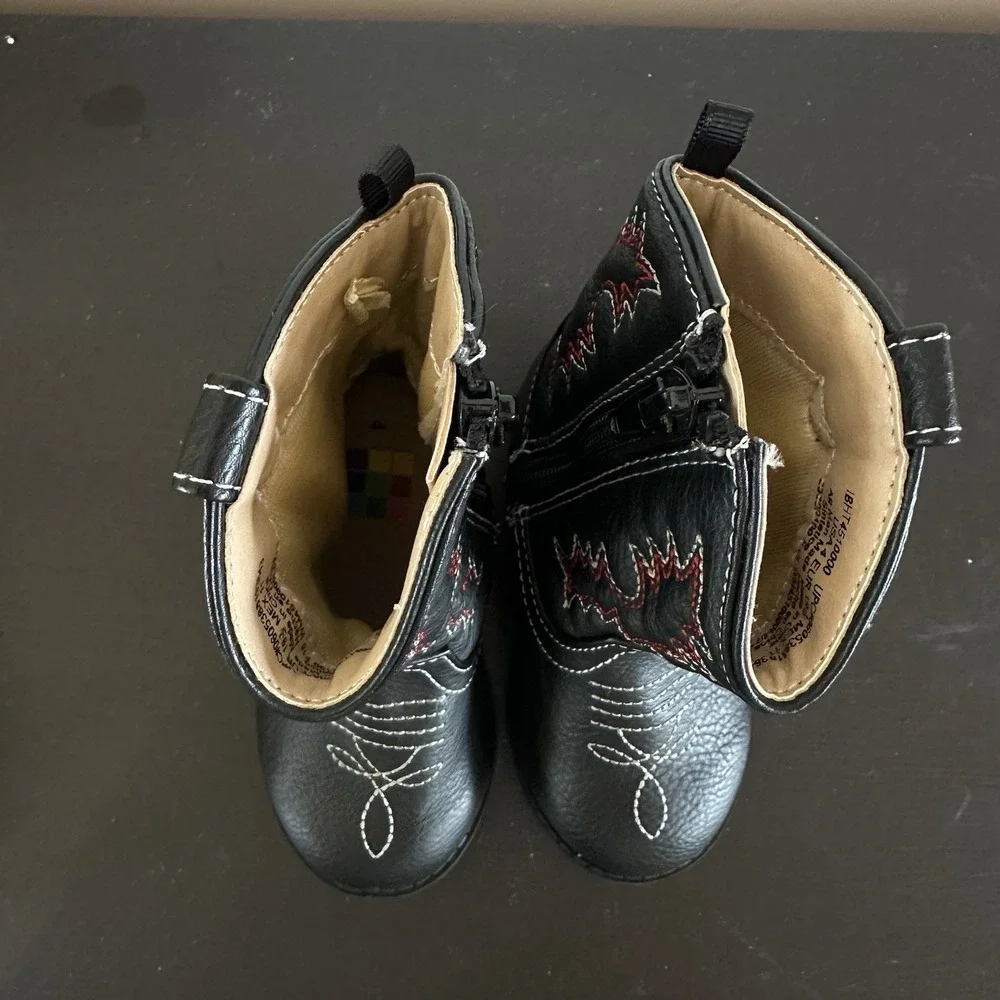 Healthtex Baby Infant Cowboy Boots Soft Black Red Western Zip Hard Sole 4 NEW